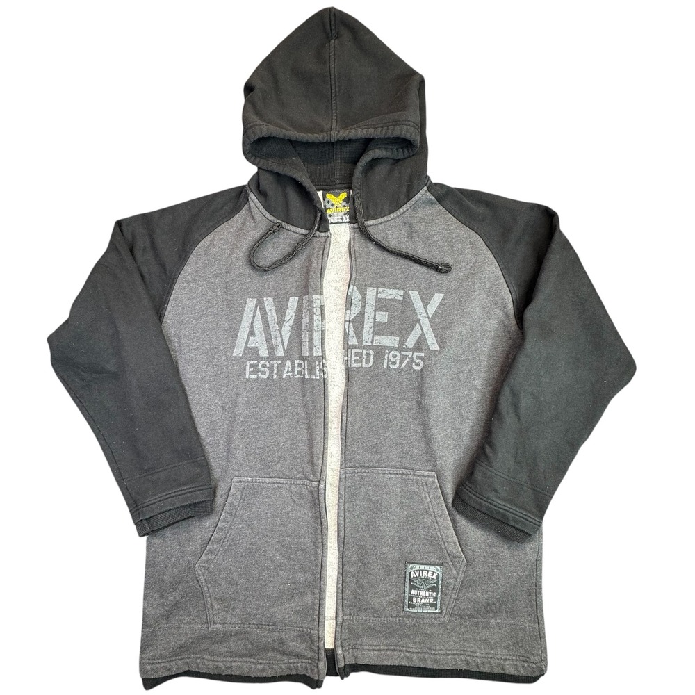 Vintage Avirex Full Zip Hoodie‎ Mens XXL Gray Black Raglan Sleeve No Zipper